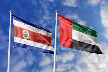 Kosta Rika ve Birleşik Arap Emirlikleri 'nin bayrakları, Diplomatik ve Ekonomik Ortaklıkları simgeleyen Mavi Gökyüzüne Karşı Dalgalanıyor.