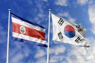 Kosta Rika ve Güney Kore 'nin bayrakları Dinamik Mavi Gökyüzüne Karşı Birlikte Dalgalanıyor Diplomatik İlişkiler ve Kültürel Değişimi simgeliyor.