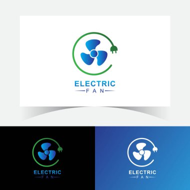 Electric Fan Logo Tasarımı Şablonu. Elektrik vantilatörü, vantilatör, hava deliği ve dalgalı serin rüzgar, logo tasarımı.
