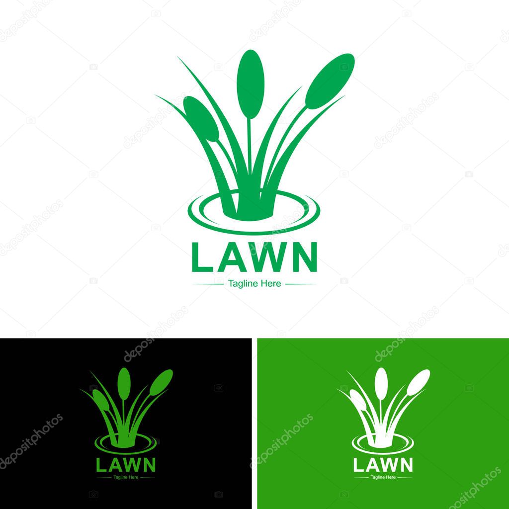 Lawn Logo Design Template With Water Wave.