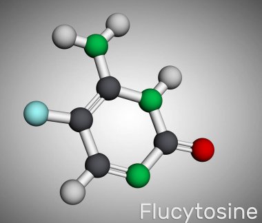 Flukoz, 5-florositozin, 5-FC molekülü. Candida ve Cryptococcus 'un sebep olduğu enfeksiyonları tedavi etmek için kullanılan mantar önleyici bir ilaç. Moleküler model. 3B görüntüleme