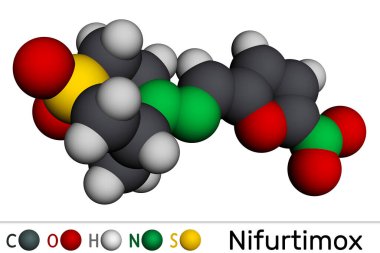 Nifurtimox molekülü. Chagas hastalığının (trypanosoma cruzi enfeksiyonu) tedavisinde kullanılan bir antiparazit ilaçtır. Moleküler model. 3B görüntüleme