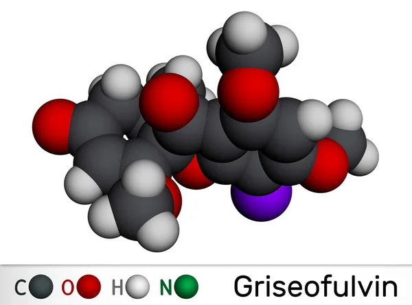 stock image Griseofulvin molecule. It is antifungal antibiotic, used for treatment of fungal infections. Molecular model. 3D rendering