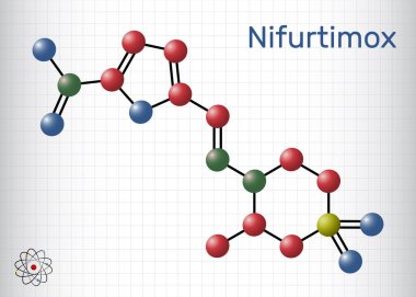 Nifurtimox molekülü. Chagas hastalığının (trypanosoma cruzi enfeksiyonu) tedavisinde kullanılan bir antiparazit ilaçtır. Yapısal kimyasal formül, molekül modeli. Kafesteki bir kağıt parçası. Vektör illüstrasyonu