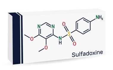 Sülfadoksin, sülfoksin molekülü. Sıtma tedavisinde kullanılan uzun ömürlü bir sülfür. İskelet kimyasal formülü. Uyuşturucu için kağıt ambalaj. Vektör illüstrasyonu