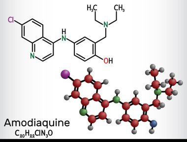 Amodiaquine, ADQ molekülü. Bu aminokinolin, sıtma tedavisinde kullanılır. Yapısal kimyasal formül, molekül modeli. Vektör illüstrasyonu
