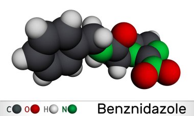 Benznidazol molekülü. Chagas hastalığının tedavisinde kullanılan bir antiparazit ilaç. Moleküler model. 3B görüntüleme