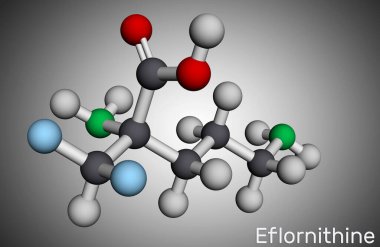 Eflornithine molekülü. Yüz hipodromu ve Afrika tripanosomiazisi tedavisinde kullanılan bir ilaç. Moleküler model. 3B görüntüleme