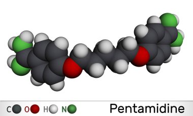 Pentamidin molekülü. Antimikrobik, mantar ilacı. HIV enfeksiyonu olan hastalarda pnömosistis pnömoni tedavisinde kullanılır. Moleküler model. 3B görüntüleme