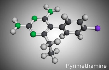 Pyrimethamine molekülü. Toksoplazmoz ve sıtma tedavisinde kullanılan parazit önleyici bir ilaç. Moleküler model. 3 boyutlu görüntüleme. Görüntü