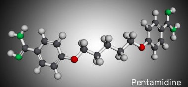 Pentamidin molekülü. Antimikrobik, mantar ilacı. HIV enfeksiyonu olan hastalarda pnömosistis pnömoni tedavisinde kullanılır. Moleküler model. 3B görüntüleme