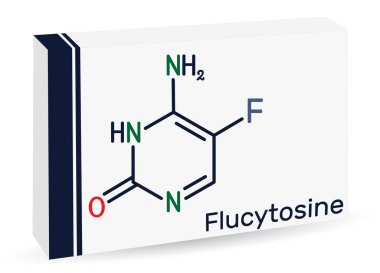 Flukoz, 5-florositozin, 5-FC molekülü. Candida 'nın sebep olduğu ağır enfeksiyonları tedavi etmek için kullanılan mantar önleyici bir ilaç, Cryptococcus. İskelet kimyasal formülü. Uyuşturucu için kağıt ambalaj. Vektör illüstrasyonu