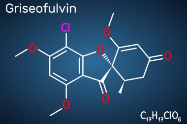 Griseofulvin molekülü. Mantar önleyici antibiyotik. Mantar enfeksiyonlarının tedavisinde kullanılır. Koyu mavi arkaplanda yapısal kimyasal formül. Vektör illüstrasyonu