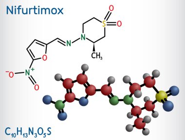 Nifurtimox molekülü. Chagas hastalığının (trypanosoma cruzi enfeksiyonu) tedavisinde kullanılan bir antiparazit ilaçtır. Yapısal kimyasal formül, molekül modeli. Vektör illüstrasyonu