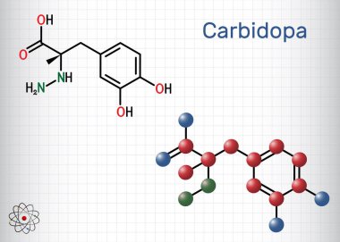 Carbidopa molekülü. İdiyopatik Parkinson hastalığının tedavisinde kullanılan dopa dekarboksilaz inhibitörü. Yapısal kimyasal formül, molekül modeli. Kafesteki bir kağıt parçası. Vektör illüstrasyonu