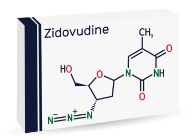 Zidovudine, ZDV, azidothymidine, AZT molekülü. HIV ve AIDS tedavisinde kullanılan sentetik dideoksinükleozittir. Yapısal kimyasal formül, molekül modeli. Vektör illüstrasyonu