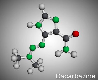 Dacarbazine, imidazole carboxamide, DTIC molekülü. Hodgkin hastalığı olan habis melanom tedavisinde kullanılan antiineoplastik bir ilaç. Moleküler model. 3 boyutlu görüntüleme. Görüntü