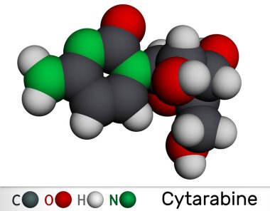 Cytarabine, sitozin arabinoside, ara-C molekülü. Kemoterapi ilacı. Moleküler model. 3 boyutlu görüntüleme. Görüntü