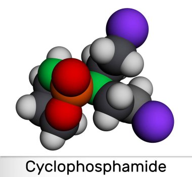 Cyclophosphamide, cytophosphane, CP molekülü. Çeşitli kanser türlerinin tedavisinde kullanılan alkilasyon maddesi. Moleküler model. 3 boyutlu görüntüleme. Görüntü