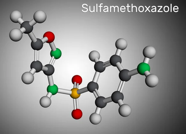 stock image Sulfamethoxazole, SMZ, SMX molecule. It is sulfonamide antibiotic, used for bacterial infections. Molecular model. 3D rendering. Illustration