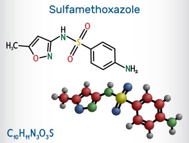 Sülfamethoxazole, SMZ, SMX molekülü. Sülfür antibiyotiği, bakteriyel enfeksiyonlar için kullanılır. Yapısal kimyasal formül, molekül modeli. Vektör illüstrasyonu