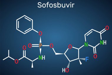 Sofosbuvir molekülü. Hepatit C virüsü ve HCV enfeksiyonlarının tedavisinde kullanılan antiviral bir ilaç. Koyu mavi arkaplanda yapısal kimyasal formül. Vektör illüstrasyonu