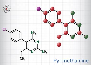 Pentamidin molekülü. Antimikrobik, mantar ilacı. HIV enfeksiyonu olan hastalarda pnömosistis pnömoni tedavisinde kullanılır. Molekül modeli. Kafesteki bir kağıt parçası. Vektör illüstrasyonu