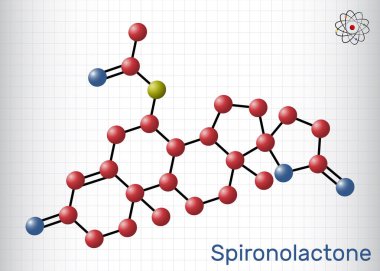 Spironolakton molekülü. Hipertansiyon, hiperaldosteronizm ve ödem tedavisinde kullanılan aldosteron reseptör antagonisti. Yapısal kimyasal formül, molekül modeli. Kafesteki bir kağıt parçası. Vektör illüstrasyonu