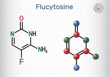 Flukoz, 5-florositozin, 5-FC molekülü. Candida ve Cryptococcus 'un sebep olduğu enfeksiyonları tedavi etmek için kullanılan mantar önleyici bir ilaç. Yapısal kimyasal formül, molekül modeli. Kafesteki bir kağıt parçası. Vektör illüstrasyonu