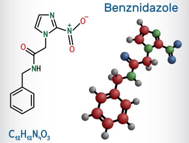 Benznidazol molekülü. Chagas hastalığının tedavisinde kullanılan bir antiparazit ilaç. Yapısal kimyasal formül, molekül modeli. Vektör illüstrasyonu