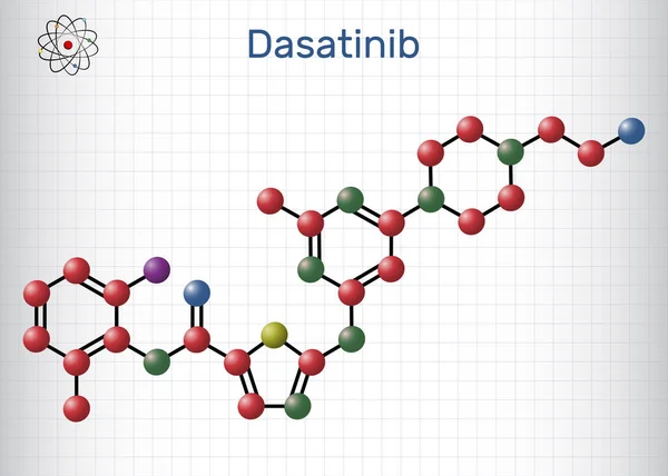 stock vector Dasatinib molecule. It is used to treat of myelogenous leukemia, CML, and acute lymphoblastic leukemia, ALL. Structural chemical formula, molecule model. Sheet of paper in a cage. Vector illustration