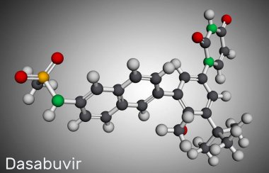 Dasabuvir molekülü. Hepatit C virüsü, HCV ve enfeksiyonların tedavisinde kullanılan antiviral bir ilaç. Moleküler model. 3 boyutlu görüntüleme. Görüntü