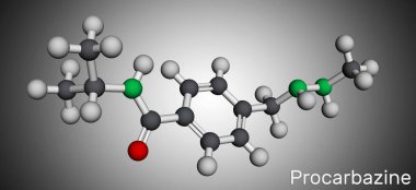 Prokarbazin kemoterapi ilaç molekülü. Hodgkin lenfoması olan habis melanom tedavisinde kullanılır. Moleküler model. 3 boyutlu görüntüleme. Görüntü