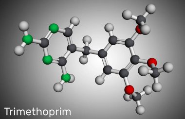 Trimethoprim, TMP molekülü. İdrar yolu, solunum ve sindirim yolu enfeksiyonlarını tedavi etmek için kullanılan antibiyotik. Moleküler model. 3B görüntüleme