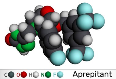 Aprepitant ilaç molekülü. Kemoterapi ve ameliyattan kaynaklanan kusma ve bulantı tedavisinde kullanılır. Moleküler model. 3 boyutlu görüntüleme. Görüntü