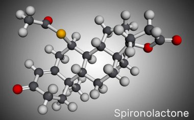 Spironolakton molekülü. Hipertansiyon, hiperaldosteronizm ve ödem tedavisinde kullanılan aldosteron reseptör antagonisti. Moleküler model. 3 boyutlu görüntüleme. Görüntü