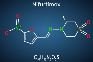 Nifurtimox molekülü. Chagas hastalığının (trypanosoma cruzi enfeksiyonu) tedavisinde kullanılan bir antiparazit ilaçtır. Koyu mavi arkaplanda yapısal kimyasal formül. Vektör illüstrasyonu