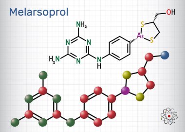 Melarsoprol ilaç molekülü. Afrika uyku hastalıklarını ya da Afrika tripanozomisini tedavi etmek için kullanılır. Yapısal kimyasal formül ve molekül modeli. Kafesteki bir kağıt parçası. Vektör illüstrasyonu