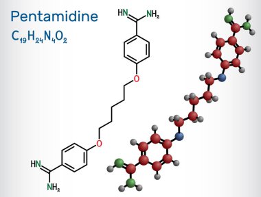 Pentamidin molekülü. Antimikrobik, mantar ilacı. HIV enfeksiyonu olan hastalarda pnömosistis pnömoni tedavisinde kullanılır. Yapısal kimyasal formül, molekül modeli. Vektör illüstrasyonu