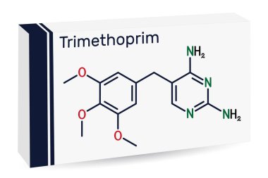 Trimethoprim, TMP molekülü. İdrar yolu, solunum ve sindirim yolu enfeksiyonlarını tedavi etmek için kullanılan antibiyotik. İskelet kimyasal formülü. Uyuşturucu için kağıt ambalaj. Vektör illüstrasyonu