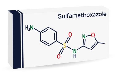 Sülfamethoxazole, SMZ, SMX molekülü. Sülfür antibiyotiği, bakteriyel enfeksiyonlar için kullanılır. İskelet kimyasal formülü. Uyuşturucu için kağıt ambalaj. Vektör illüstrasyonu