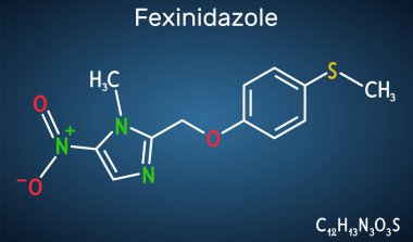 Fexinidazol molekülü. Afrika tripanozomiazisi ya da uyku hastalığını tedavi etmek için kullanılır. Koyu mavi arkaplanda yapısal kimyasal formül. Vektör illüstrasyonu