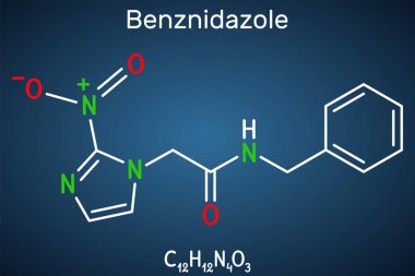 Benznidazol molekülü. Chagas hastalığının tedavisinde kullanılan bir antiparazit ilaç. Koyu mavi arkaplanda yapısal kimyasal formül. Vektör illüstrasyonu