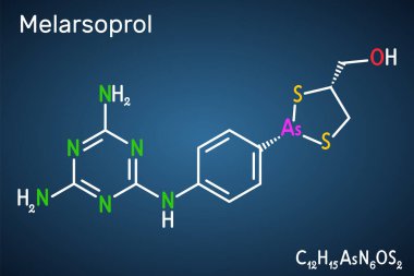 Melarsoprol ilaç molekülü. Afrika uyku hastalıklarını ya da Afrika tripanozomisini tedavi etmek için kullanılır. Koyu mavi arkaplanda yapısal kimyasal formül. Vektör illüstrasyonu