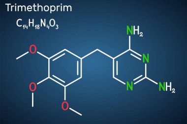 Trimethoprim, TMP molekülü. İdrar yolu, solunum ve sindirim yolu enfeksiyonlarını tedavi etmek için kullanılan antibiyotik. Koyu mavi arkaplanda yapısal kimyasal formül. Vektör illüstrasyonu
