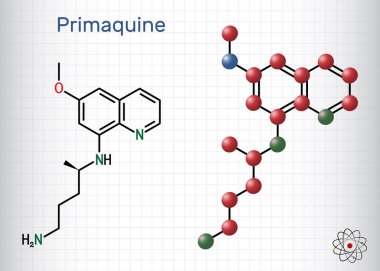 Primaquine molekülü. Bu aminokinolin, sıtma tedavisinde kullanılır. Yapısal kimyasal formül, molekül modeli. Kafesteki bir kağıt parçası. Vektör illüstrasyonu