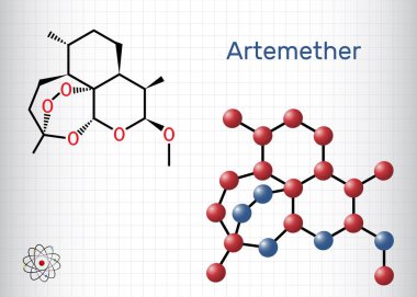 Artemether molekülü. Sıtma tedavisinde kullanılır. Yapısal kimyasal formül ve molekül modeli. Kafesteki bir kağıt parçası. Vektör illüstrasyonu