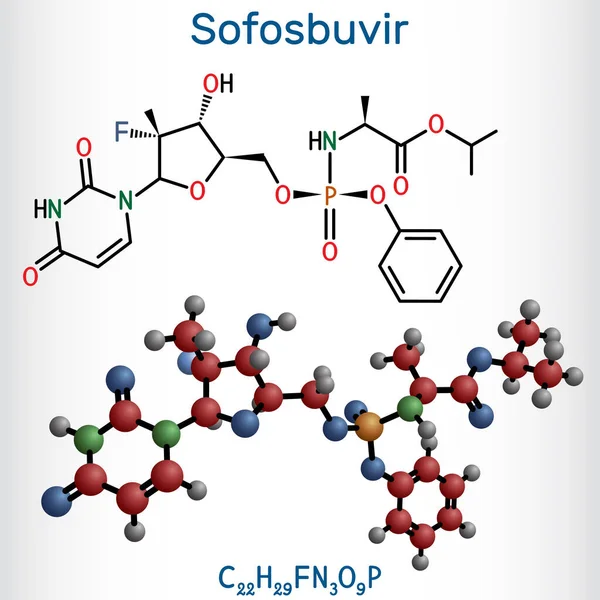 stock vector Sofosbuvir molecule. It is antiviral drug, used to treat  hepatitis C virus, HCV infections. Structural chemical formula, molecule model. Vector illustration