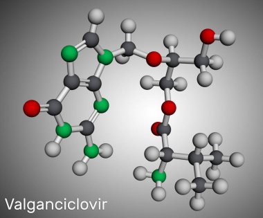 Valganciclovir molekülü. Sitomegalovirüsü, CMV 'yi, HIV virüsünü ve AIDS' i tedavi etmek için kullanılan antiviral bir ilaç. Moleküler model. 3 boyutlu görüntüleme. Görüntü
