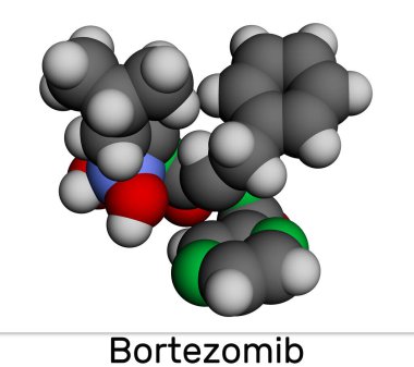 Bortezomib molekülü. Çoklu miyelom ve manto hücre lenfomasının tedavisinde kullanılan kanser önleyici bir ilaç. Moleküler model. 3 boyutlu görüntüleme. Görüntü